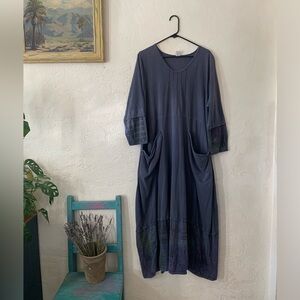 VTG BLUE FISH DRESS HANDPAINTED MAXI LAGENLOOK BUBBLE SZ 2 90’S LANTERN ARTISTIC